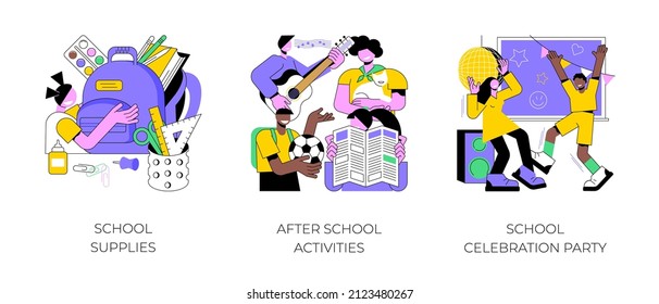 School year abstract concept vector illustration set. School supplies, after school activities, celebration party, kids stationery, debate team, student newspaper, backpack abstract metaphor.