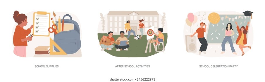 School year isolated concept vector illustration set. School supplies, after school activities, celebration party, kids stationery, debate team, student newspaper, backpack vector concept.