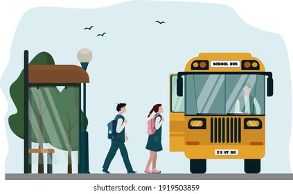 School yellow bus, bus stop, children, students, a boy and a girl with briefcases rush to school. Vector illustration. Urban landscape.