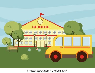 school with yellow bus, vector illustration