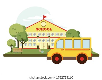 school with yellow bus, vector illustration
