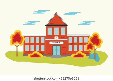 Escuela con césped amarillo, hierba y árboles en otoño. Edificio escolar de estilo plano. Escuela moderna, edificio universitario. Ilustración del vector