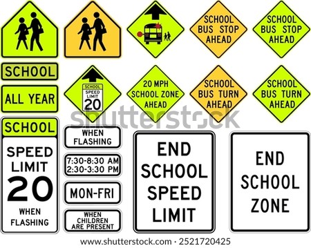 School Zone and School Bus Warning Signs Collection Featuring Speed Limits, Time of Day, and Children Present Warnings. Road signs in the United States.