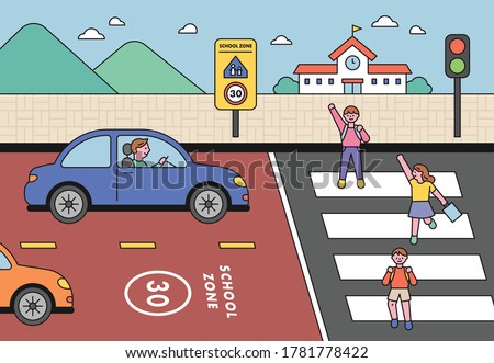 In the school zone, children are crossing a pedestrian crossing with their hands raised. Cars are obeying traffic laws. flat design style minimal vector illustration.