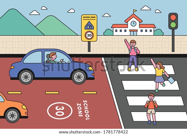 In the school zone,\
children are crossing a pedestrian crossing with their hands\
raised. Cars are obeying traffic laws. flat design style minimal\
vector illustration.