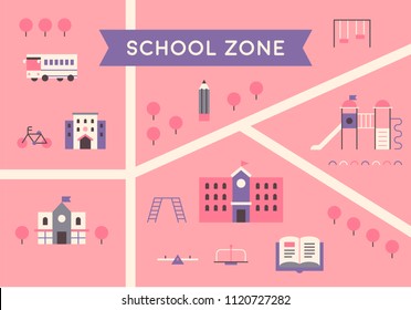 School Zone Map Flat Design Style Vector Graphic Illustration Set