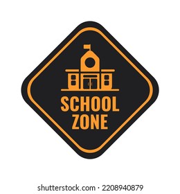 School Zone metal sign with orange icon and lettering on black board isolated on white background, vector illustration in trendy design style. Suitable and perfect for many purposes.