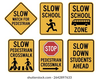 School Zone and Pedestrian Safety Sign Bundle – Yellow Warning Sign Vector Set
