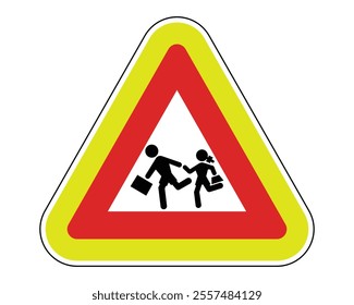 School Zone Road Sign Featuring a Triangular Shape with a Yellow Border, Red Inner Border, and Black Silhouettes of Running Children, Indicating the Presence of Schools or Educational Institutions, Av