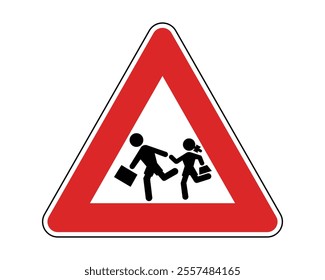 School Zone Road Sign Featuring a Triangular Shape with Red Border and Black Silhouettes of Running Children, Indicating the Presence of School or Educational Institutions, Available as a Vector File