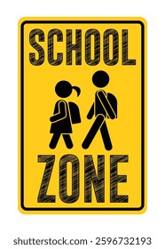 School zone road sign icon clipart. Children crosswalk warning clip art traffic signage for vehicle to slow down, stop and pause speed limit school zone ahead vector illustration. 