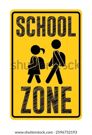 School zone road sign icon clipart. Children crosswalk warning clip art traffic signage for vehicle to slow down, stop and pause speed limit school zone ahead vector illustration. 