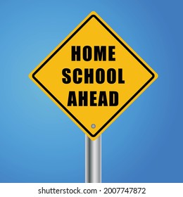 School zone sign on a blue sky background. Isolated vector illustrations. Students back to school. Education centre road direction symbols. Yellow warning sign with text. Traffic sign for kids.