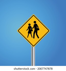 School zone sign on a blue sky background. Isolated vector illustrations. Students back to school. Education centre road direction symbols. Yellow warning sign with text. Traffic sign for kids.