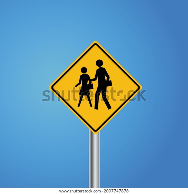 School zone sign on a blue sky background. Isolated\
vector illustrations. Students back to school. Education centre\
road direction symbols. Yellow warning sign with text. Traffic sign\
for kids.