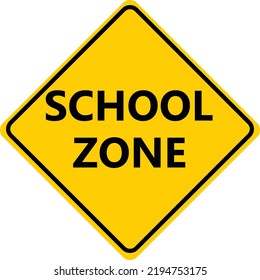 Schild der Schulzone auf weißem Hintergrund. Warnung der Schulzone gelbes Symbol. Flachstil.