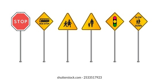 School Zone Signs Vector: Pedestrian Road and Traffic Warning Symbols