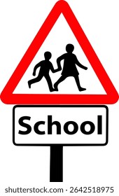 School Zone Warning Sign with Children Crossing Symbol, Ideal for traffic safety designs, educational posters, and public awareness campaigns.