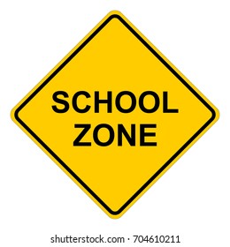 School zone, yellow square warning sign with text, vector illustration.