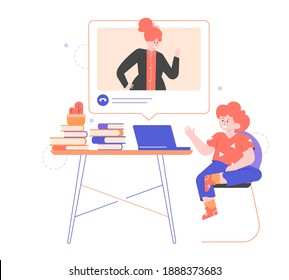 School-age boy at distance learning. Home schooling. The child listens to the teacher's lecture via video. Online lesson from laptop. Vector flat illustration.