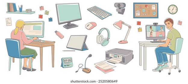 School-age boy and girl sitting at a computer and set elements about online learning - keyboard, printer, camera, microphone, tablet, stylus,screen, mouse computer