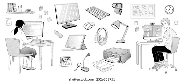 Niño y niña en edad escolar sentado en una computadora y establecer Elementos sobre el aprendizaje en línea - teclado, impresora, cámara, micrófono, tableta, lápiz, pantalla, mouse, computadora