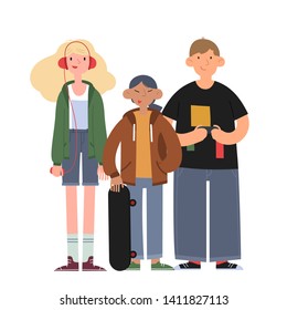School-age children`s hobbies - drones launching, tourism, music and dancing. Children of various races standing together on white background.