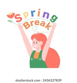 School-age girl enjoys the spring school holidays. Happy child. Vector illustration.