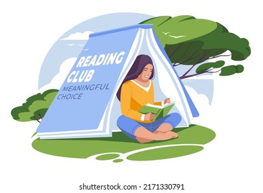 A school-age girl reads in nature in a hut that would have the shape of a book. Flat vector illustration