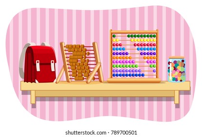 Schoolbag and abacus on shelf illustration