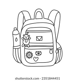 Schoolbag or backpack with a bottle of water and toy hand drawn doodle illustration black outline. Back to school theme element. 