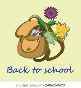 Schoolbag, backpack with a copybook, pencil, paintbrush and autumn leaf and flower bouquet inside, oak leaf with acorns, maple leaf, aster, back to school