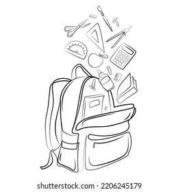 Schoolbag Or Backpack With Different School Supplies Stationery Flying From It Line Drawing Vector Isolated Illustration.Backpack With School Supplies Black And White Sketch