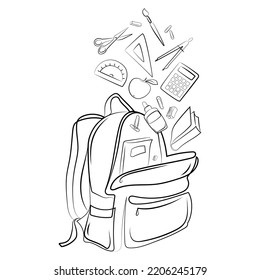 Schoolbag or backpack with different school supplies stationery flying from it Line drawing vector isolated illustration.Backpack with school supplies black and white sketch