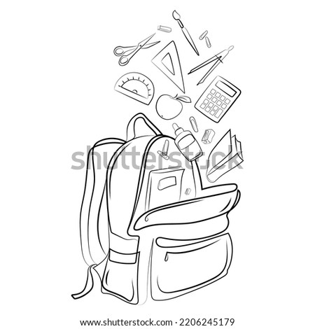 Schoolbag or backpack with different school supplies stationery flying from it Line drawing vector isolated illustration.Backpack with school supplies black and white sketch