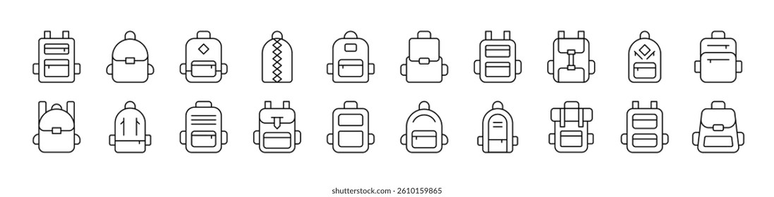 Schoolbag, Bag for Tracking and Hiking Outline Sign Collection. Editable Stroke. Perfect for Infographics, Articles, Books, Flyers, Banners