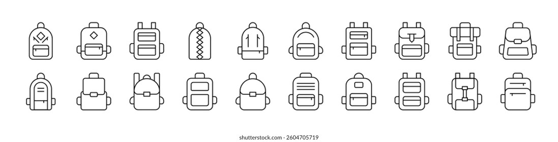 Schoolbag, Bag for Tracking and Hiking Related Line Icon Collection. Editable Stroke. Perfect for Infographics, Articles, Books, Flyers, Banners