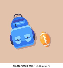 Schoolbag with ball flat illustration. Backpack, rugby, ball, rucksack, knapsack. schoolbag. Blue school bag on one color background. Vector stock illustration.