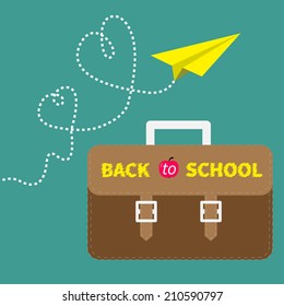Schoolbag briefcase and yellow paperplane dash line hearts. Flat design style. Vector illustration