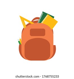 Schoolbag. Brown color with a ruler, pencils and notebooks inside. Cartoon style vector illustration isolated on white background.
