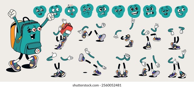 Schoolbag cartoon character with groovy comic faces set. Funny backpack mascot with bundle of love, fear, sick, smile, angry and other facial emotions, legs poses, hands gestures. Vector illustration.