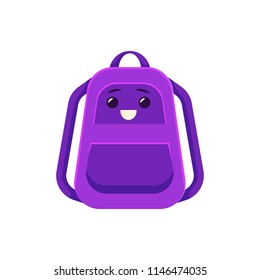 Schoolbag character with facial emotions icon. School students equipment, kids baggage element. Purple flat backpack, rucksack with books and other school supplies. Vector isolated illustration
