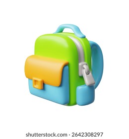Almofada, mochila infantil 3D desenho animado estilo plástico vetor ilustração. Cartoon saco colorido para equipamentos de viagem. Volume crianças bagagem isolado no fundo branco