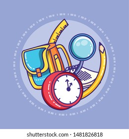schoolbag with clock and supplies education