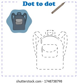 Schoolbag. Connect the dots, education game for children. Draw a line