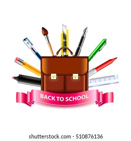 Schoolbag and drawing tools, back to school concept on white background