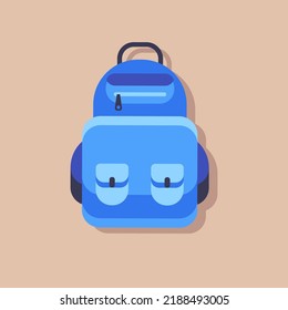 Ilustración plana de bolso escolar. Mochila, mochila, mochila. mochila. Bolsa azul de escuela sobre un fondo de color. Ilustración de material vectorial.