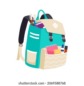 Schoolbag full of school stationery, books and supplies in pockets of backpack. Heavy bag overfilled with notebooks and pens. Flat vector illustration of knapsack isolated on white background