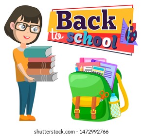 Schoolbag and girl with books pile, back to school vector. Copybooks and textbooks, calculator and pencils, water and scissors, student or pupil, education. Back to school concept. Flat cartoon