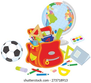 Schoolbag, globe and ball